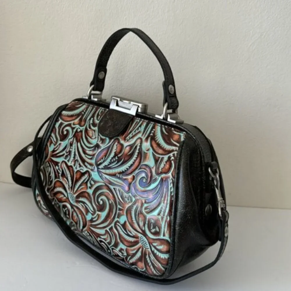 Patricia Nash Turquoise Framed Gracchi Tooled Brntl Leather Crossbody Handbag